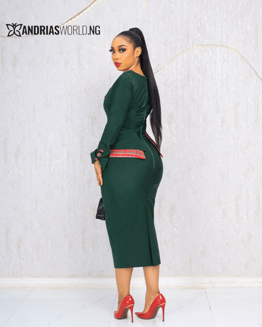 GREEN BUTTON DRESS WITH RED CHECK DETAILS